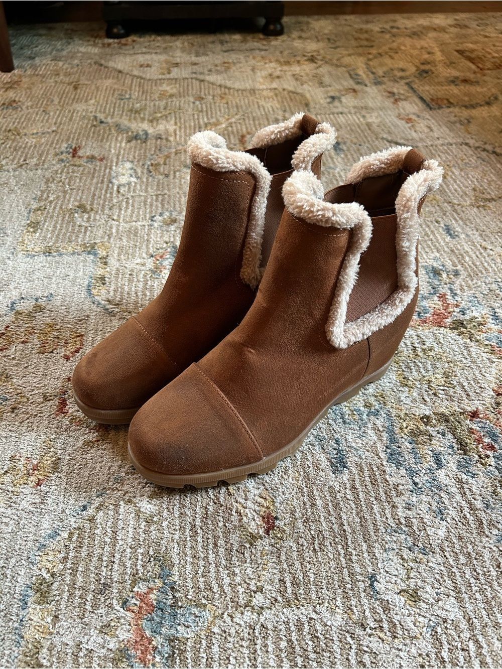 Never Worn Maurices Brown Faux-Suede Wedge Ankle Boots with Sherpa Trim